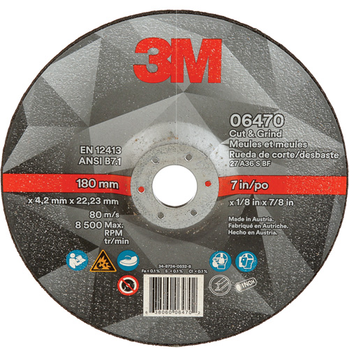 Cut & Grind Wheel, 7" x 1/8", 7/8" Arbor, Type 27, Ceramic Meunier Outillage Industriel