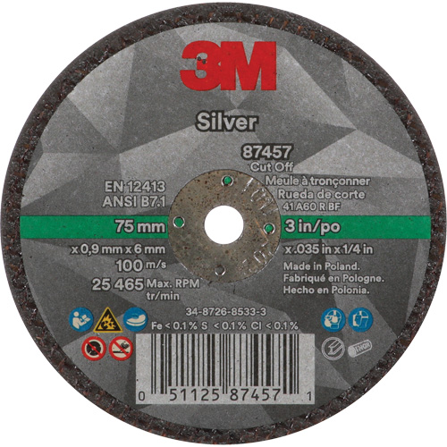 Meule &agrave; tronçonner Silver, 3" x 0,04", Arbre de 1/4"-28, Type 1, C&eacute;ramique, 25645 Tr/min Meunier Outillage Industriel