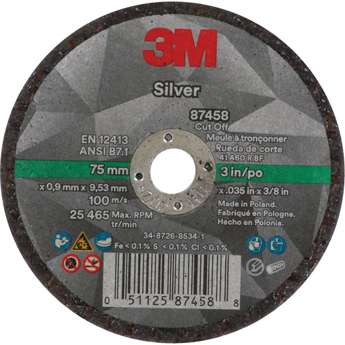 Silver Cut-Off Wheel, 3" x 0.04", 3/8"-24 Arbor, Type 1, Ceramic, 25645 RPM Meunier Outillage Industriel