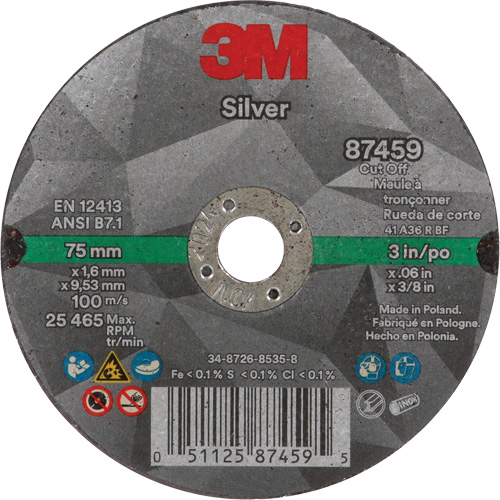 Silver Cut-Off Wheel, 3" x 0.06", 3/8"-24 Arbor, Type 1, Ceramic, 25645 RPM Meunier Outillage Industriel