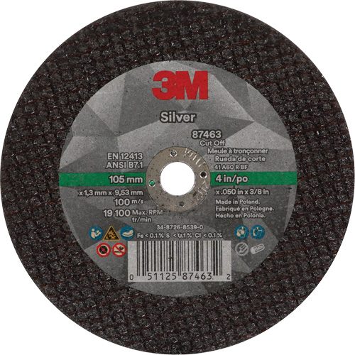 Silver Cut-Off Wheel, 4" x 0.05", 3/8"-24 Arbor, Type 1, Ceramic, 19100 RPM Meunier Outillage Industriel