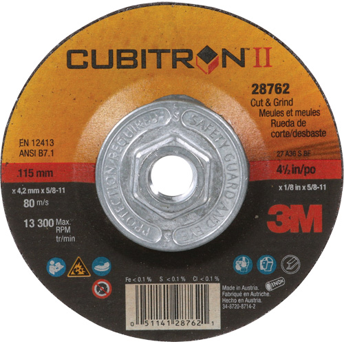 Cubitron II Quick Change Cut & Grind Wheel, 4-1/2" x 1/8", 5/8"-11 Arbor, Type 27, Ceramic Meunier Outillage Industriel