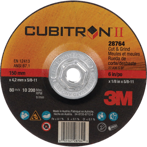 Cubitron II Quick Change Cut & Grind Wheel, 6" x 1/8", 5/8"-11 Arbor, Type 27, Ceramic Meunier Outillage Industriel