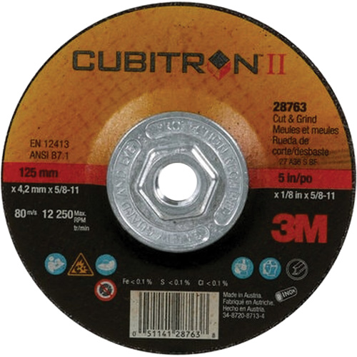 Disque de coupe et de meulage &agrave; changement rapide Cubitron II, 5" x 1/8", Arbre de 5/8"-11, Type 27, C&eacute;ramique Meunier Outillage Industriel