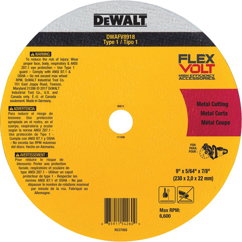 Meule de tronçonnage des m&eacute;taux FlexVolt, 9-1/16" x 0,078", Arbre 22,23 mm, C&eacute;ramique, Type 1 Meunier Outillage Industriel