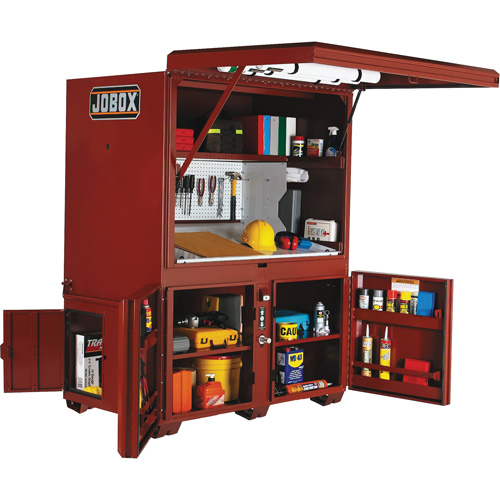 Coffre de chantier et surface de travail sur le terrain, 63" la x 42" p x 80" h, Acier, Rouge Meunier Outillage Industriel