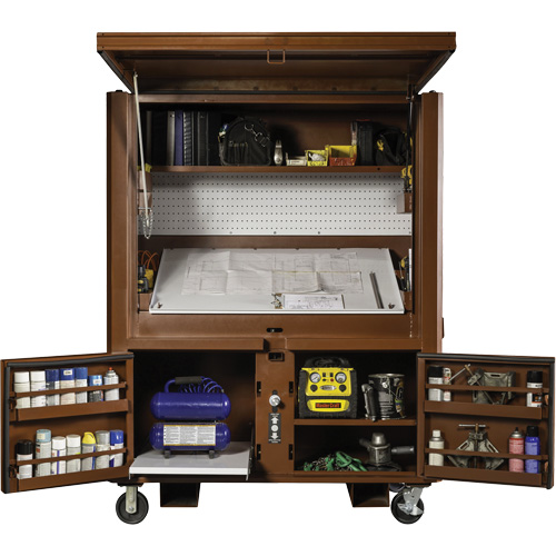 Coffre de chantier et surface de travail sur le terrain, 33" la x 63" p x 80" h, Acier, Rouge Meunier Outillage Industriel