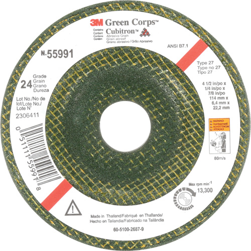 Green Corps Depressed Centre Wheel, 4-1/2" x 1/4", 7/8" Arbor, Ceramic, Type 27 Meunier Outillage Industriel