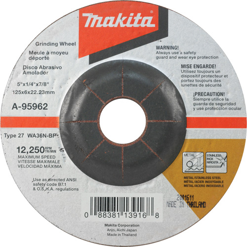 INOX Grinding Wheel, 5" x 1/4", 7/8" Arbor, Aluminum Oxide, Type 27 Meunier Outillage Industriel