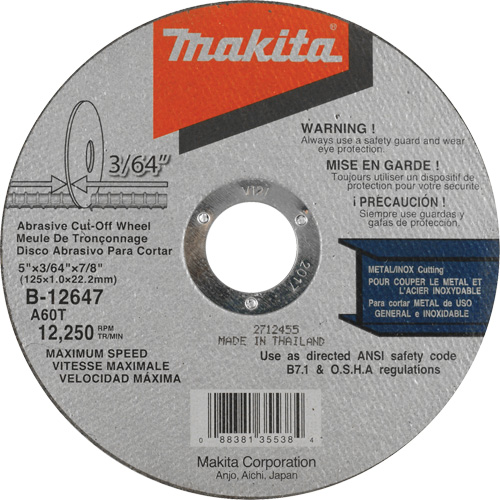Thin Kerf Cut-Off Wheel, 5" x 3/64", 7/8" Arbor, Type 1, Aluminum Oxide, 12250 RPM Meunier Outillage Industriel