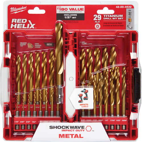 Shockwave Red Helix Drill Bit Set, 29 Pieces, Titanium Meunier Outillage Industriel