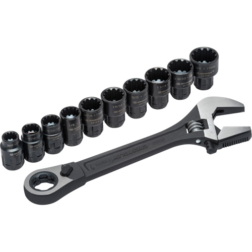 11-Piece Pass-Thru X6 Adjustable Wrench & Spline Socket Set, 13" L, 2-27/50" Max Width, Black Phosphate Meunier Outillage Industriel