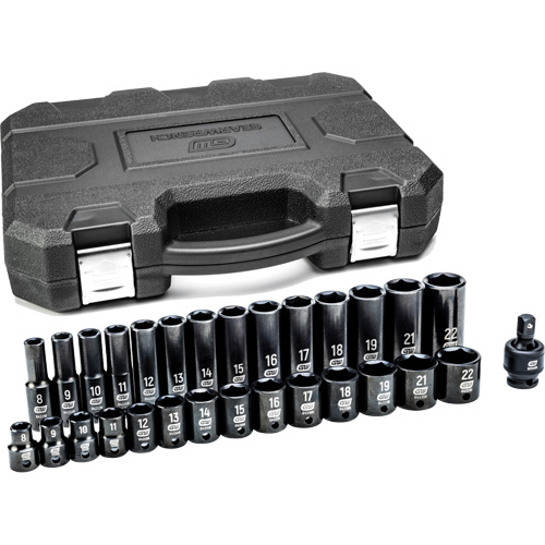 Jeu de douilles m&eacute;triques &agrave; 6 pans, 29 Mcx, Chocs, Prise de 3/8", Profond Meunier Outillage Industriel