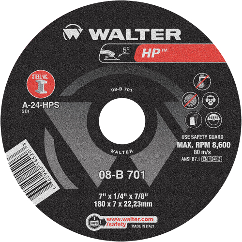 HP Depressed Center Grinding Wheel, 7" x 1/4", 7/8" Arbor, Type 28 Meunier Outillage Industriel