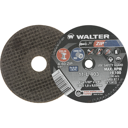 Zip Cut-Off Wheel, 4" x 1/32", 3/8" Arbor, Type 1, Aluminum Oxide, 19100 RPM Meunier Outillage Industriel