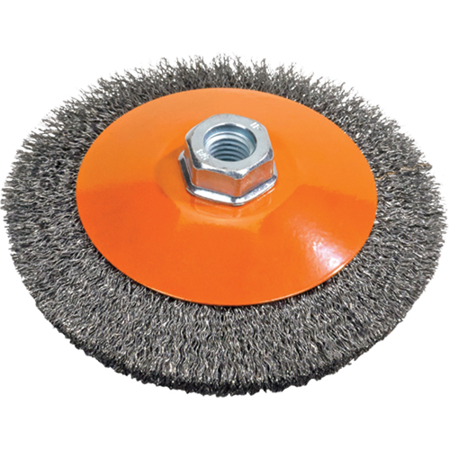 Saucer Cup Brush With Knot-Twisted Wires, 5" Dia., 0.02" Fill, 5/8"-11 Arbor, Steel Meunier Outillage Industriel