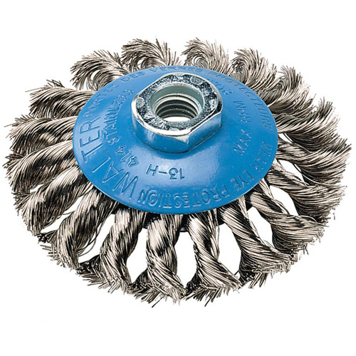 Knot-Twisted Saucer Cup Wire Wheel, 5" Dia., 0.02" Fill, 5/8"-11 Arbor, Aluminum/Stainless Steel Meunier Outillage Industriel