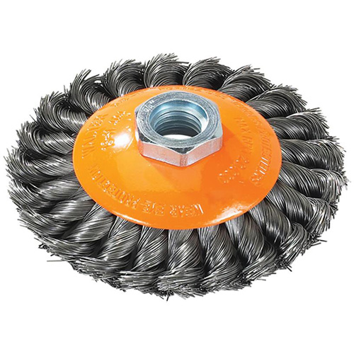 Knot-Twisted Saucer Cup Wire Wheel, 7" Dia., 0.02" Fill, 5/8"-11 Arbor, Steel Meunier Outillage Industriel
