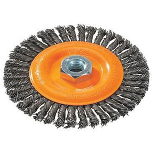 Stringer Bead Knotted Wire Brush, 4" Dia., 0.02" Fill, 5/8"-11 Arbor, Steel Meunier Outillage Industriel