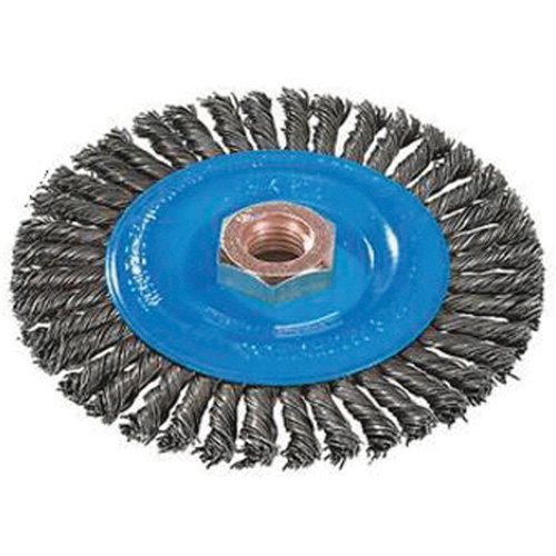 Brosse &agrave; fils nou&eacute;s pour cordons de soudure, Dia. 4", Fils 0,02", Arbre 5/8"-11, Aluminium/Acier inoxydable Meunier Outillage Industriel