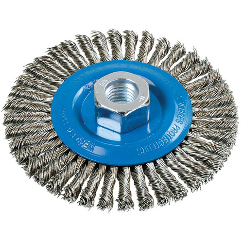Stringer Bead Knotted Wire Brush, 4-1/2" Dia., 0.02" Fill, 5/8"-11 Arbor, Aluminum/Stainless Steel Meunier Outillage Industriel