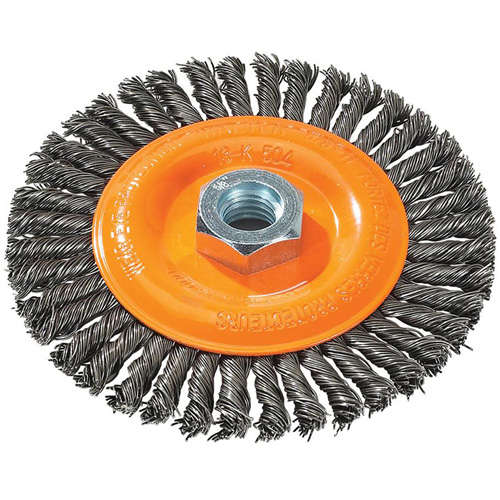 Stringer Bead Knotted Wire Brush, 5" Dia., 0.02" Fill, 5/8"-11 Arbor, Steel Meunier Outillage Industriel