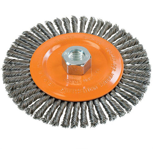 Brosse &agrave; fils nou&eacute;s pour cordons de soudure, Dia. 6", Fils 0,02", Arbre 5/8"-11, Acier Meunier Outillage Industriel