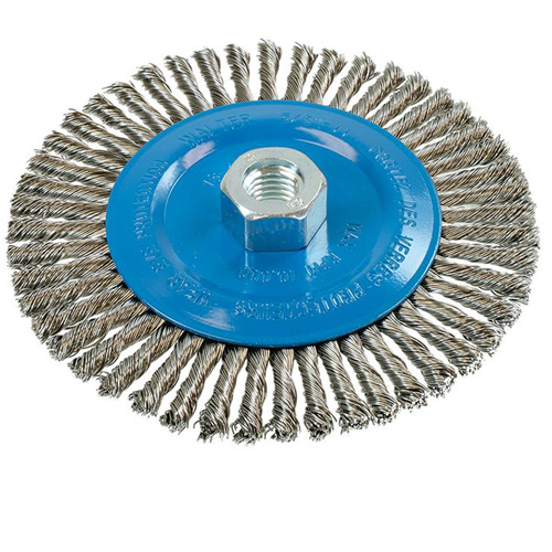Brosse &agrave; fils &eacute;troits nou&eacute;s et torsad&eacute;s, Dia. 6", Fils 0,02", Arbre 5/8"-11, Aluminium/Acier inoxydable Meunier Outillage Industriel