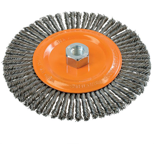 Brosse &agrave; fils nou&eacute;s pour cordons de soudure, Dia. 6-7/8'', Fils 0,02", Arbre 5/8"-11, Acier Meunier Outillage Industriel