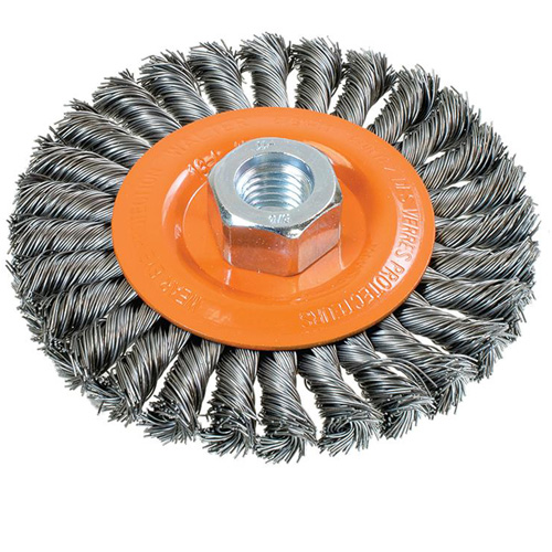 Wide Knotted Wire Wheel Brush, 4-1/2" Dia., 0.02" Fill, 5/8"-11 Arbor, Steel Meunier Outillage Industriel