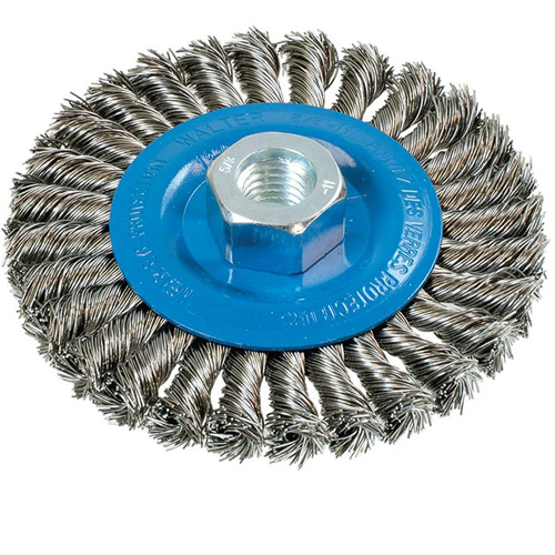 Wide Knotted Wire Wheel Brush, 4-1/2" Dia., 0.02" Fill, 5/8"-11 Arbor, Aluminum/Stainless Steel Meunier Outillage Industriel