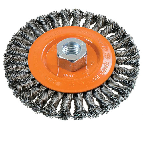 Wide Knotted Wire Wheel Brush, 5" Dia., 0.02" Fill, 5/8"-11 Arbor, Steel Meunier Outillage Industriel