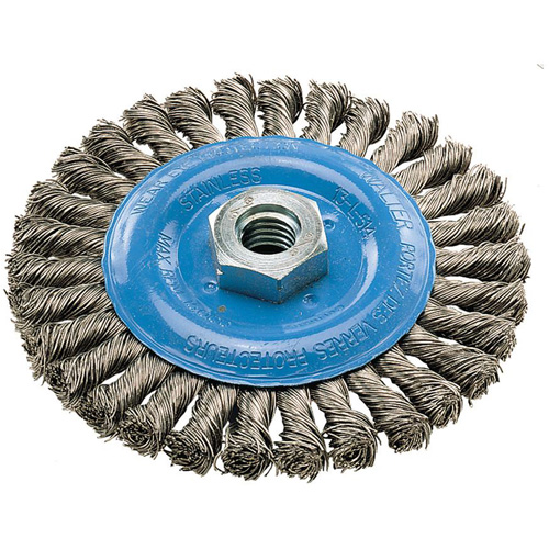 Brosse rotative &agrave; fils nou&eacute;s large, Dia. 5", Fils 0,02", Arbre 5/8"-11, Aluminium/Acier inoxydable Meunier Outillage Industriel