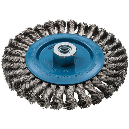 Wide Knotted Wire Wheel Brush, 6" Dia., 0.02" Fill, 5/8"-11 Arbor, Aluminum/Stainless Steel Meunier Outillage Industriel