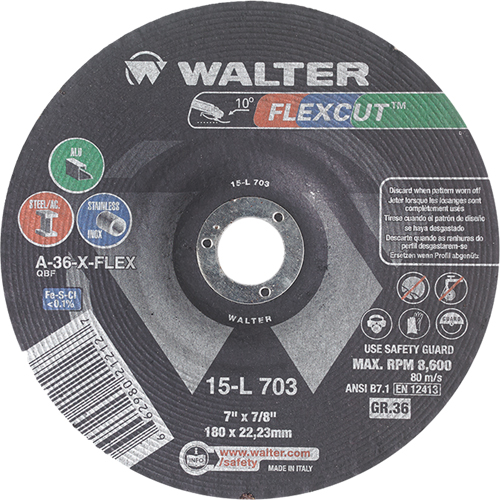 Flexcut Depressed Centre Grinding Wheels, 7", 36 Grit, Aluminum Oxide, 7/8", 8600 RPM, Type 29 Meunier Outillage Industriel