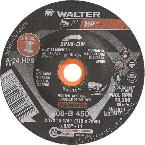 HP Spin-On Grinding Wheel, 4-1/2" x 1/4", 5/8"-11 Arbor, Type 27S Meunier Outillage Industriel
