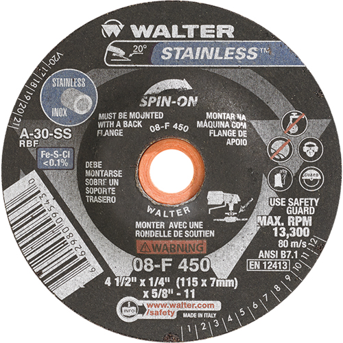 Depressed Centre Grinding Wheels - Stainless Type 27, 4-1/2" x 1/4", 5/8"-11 Arbor, Type 27S Meunier Outillage Industriel