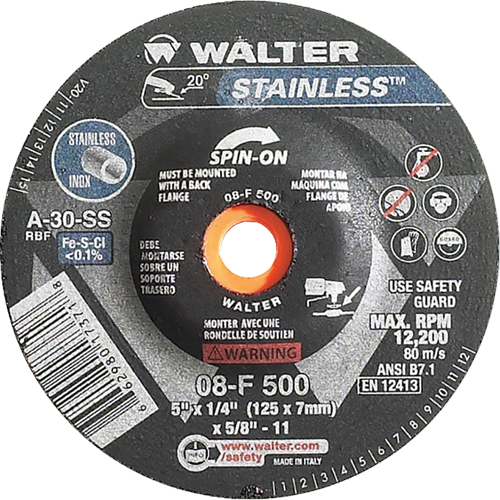 Depressed Centre Grinding Wheels - Stainless Type 27, 5" x 1/4", 5/8"-11 Arbor, Type 27S Meunier Outillage Industriel