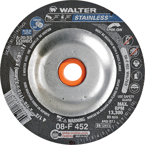 Depressed Centre Grinding Wheels - Stainless Type 27, 4-1/2" x 1/8", 5/8"-11 Arbor, Type 27S Meunier Outillage Industriel