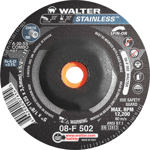 Depressed Centre Grinding Wheels - Stainless Type 27, 5" x 1/8", 5/8"-11 Arbor, Type 27S Meunier Outillage Industriel