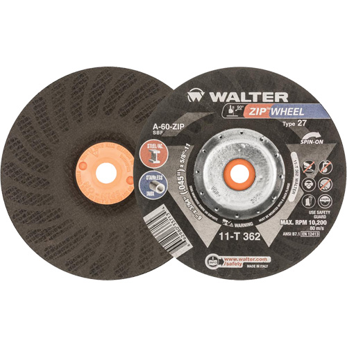 Spin-On Zipcut Right Angle Grinder Reinforced Cut-Off Wheels, 6" x 7/8", 5/8"-11 Arbor, Type 27, Aluminum Oxide, 10200 RPM Meunier Outillage Industriel