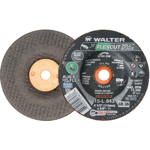 FLEXCUT MILL SCALE Grinding Wheel, 4-1/2", 36 Grit, Aluminum Oxide, 5/8"-11, 13300 RPM, Type 29 Meunier Outillage Industriel