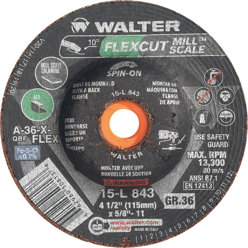 FLEXCUT MILL SCALE Grinding Wheel, 4-1/2", 36 Grit, Aluminum Oxide, 5/8"-11, 13300 RPM, Type 29 Meunier Outillage Industriel