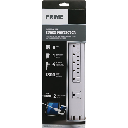 Limiteurs de surtension avec chargeur USB, 6 Prises, 1800 J, 1875 W, Cordon 4' Meunier Outillage Industriel