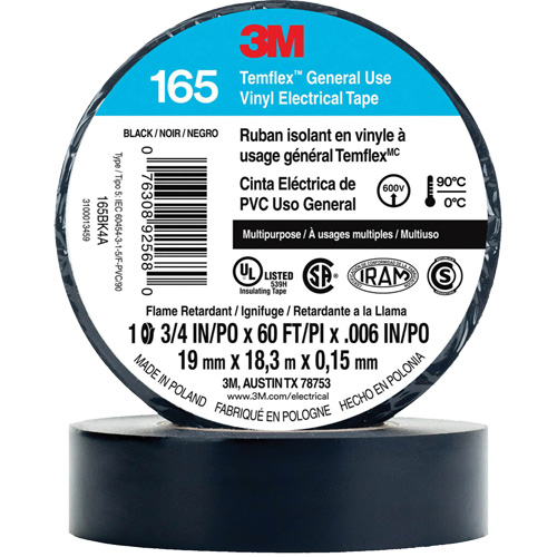 Temflex General Use Vinyl Electrical Tape 165, 19 mm (3/4") x 18 M (60'), Black, 6 mils Meunier Outillage Industriel