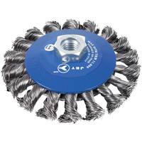 Brosse conique &agrave; m&egrave;ches torsad&eacute;es, Dia. 5", Fils 0,02", Arbre 5/8"-11NC Meunier Outillage Industriel