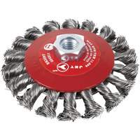 Brosse conique &agrave; fils nou&eacute;s torsad&eacute;s, Dia. 6", Fils 0,02", Arbre 5/8"-11, Acier Meunier Outillage Industriel