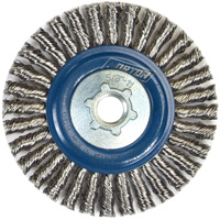 Brosse &agrave; fils nou&eacute;s pour cordons de soudure pour meuleuse angulaire, Dia. 4", Fils 0,02", Arbre 5/8"-11, Acier inoxydable Meunier Outillage Industriel