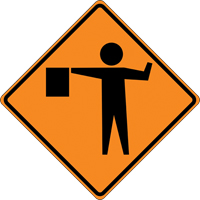 Tilt-Adjust Flagman Ahead Roll-Up Construction Sign, 36" x 36", Vinyl, Pictogram Meunier Outillage Industriel