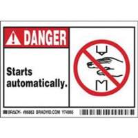 "Danger Starts Automatically" Sign, 3-1/2" x 5", Polyester, English with Pictogram SY370 | Meunier Outillage Industriel